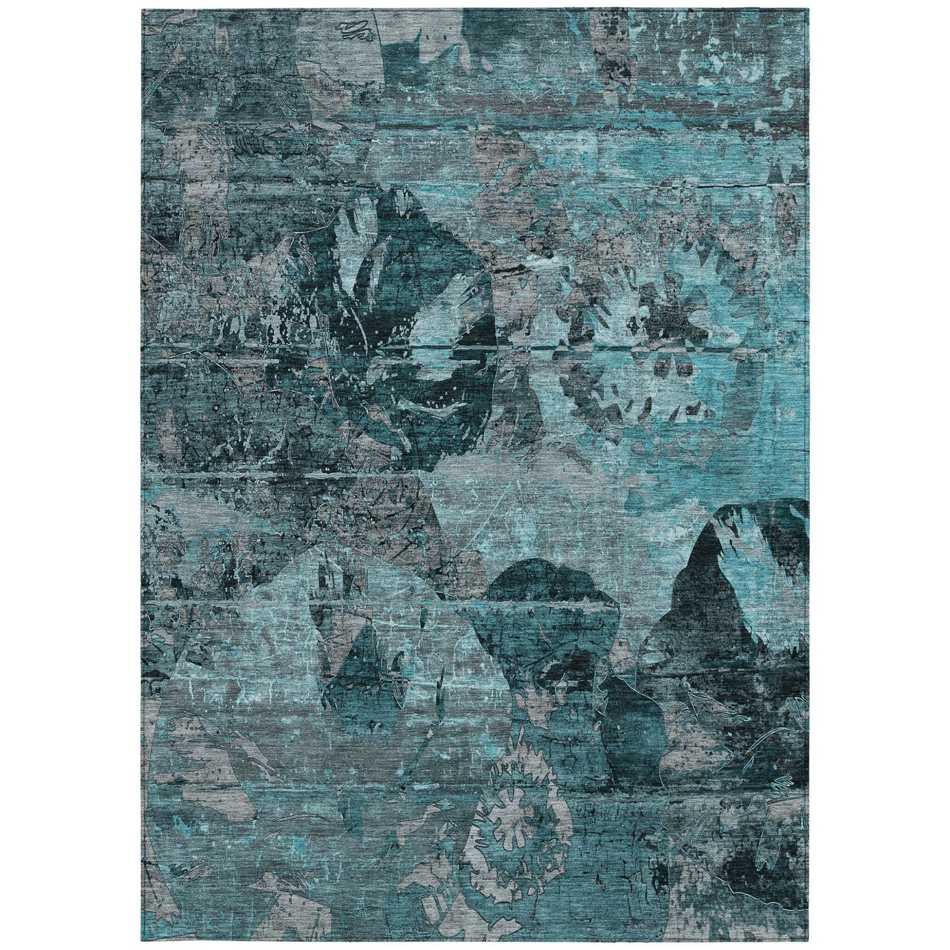 American Smart outdoor area rug, 3' x 5', teal and gray floral pattern, washable, non-skid indoor-outdoor rug for patio or porch.