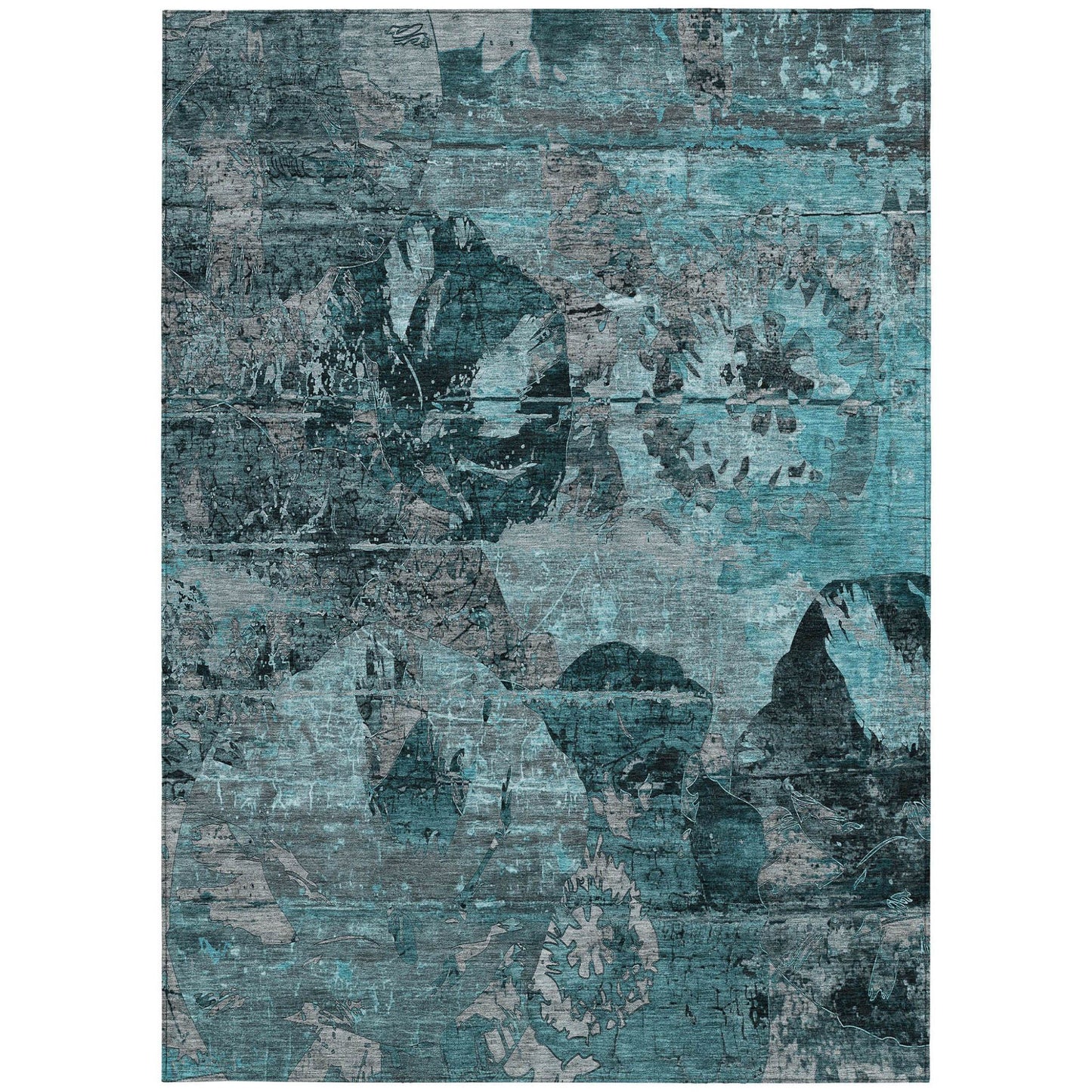 Teal and gray floral outdoor area rug by American Smart WB, 3' x 5', washable, non-skid indoor-outdoor rug on a patio surface