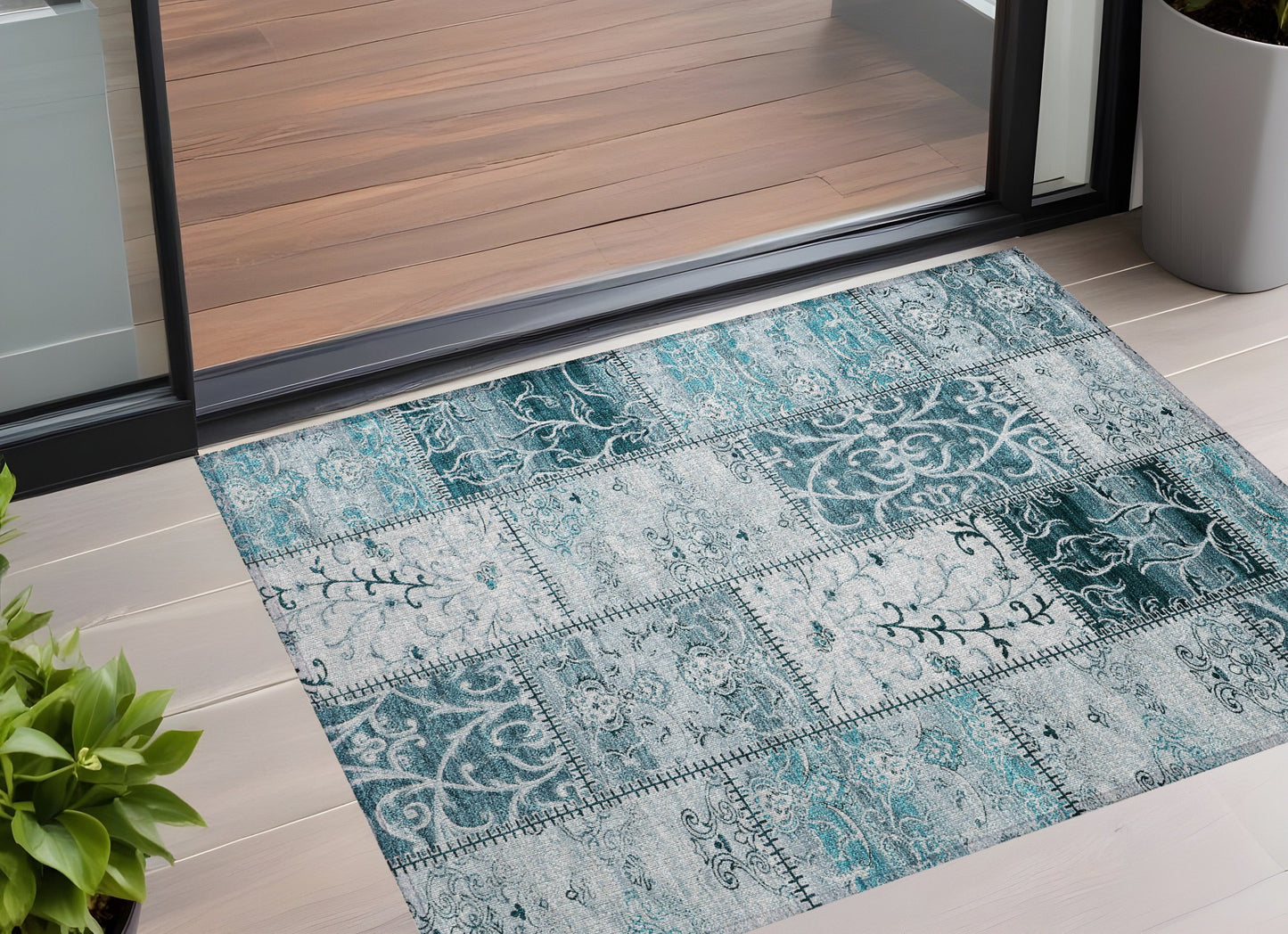 Teal patchwork outdoor area rug by American Smart, 3' x 5', washable, non-slip indoor-outdoor rug with colorful pattern.