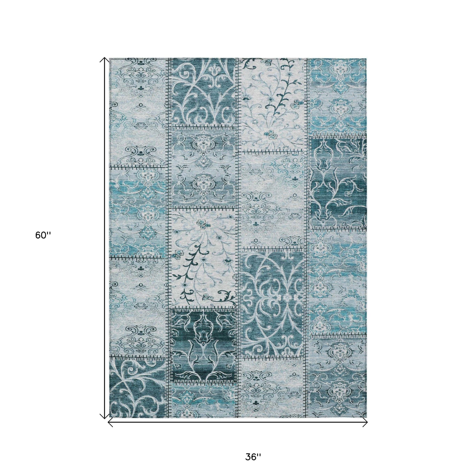 Teal patchwork outdoor area rug by American Smart WB, 3' x 5', washable, non-skid indoor-outdoor rug with vibrant design.