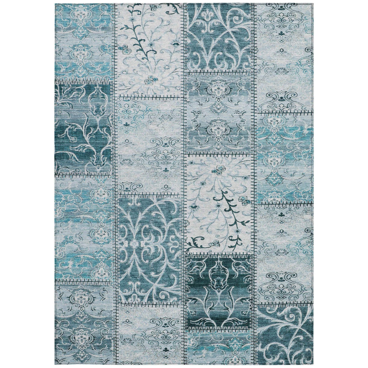 Teal patchwork outdoor area rug by American Smart, 3x5 feet, washable with non-skid backing for indoor and outdoor use.