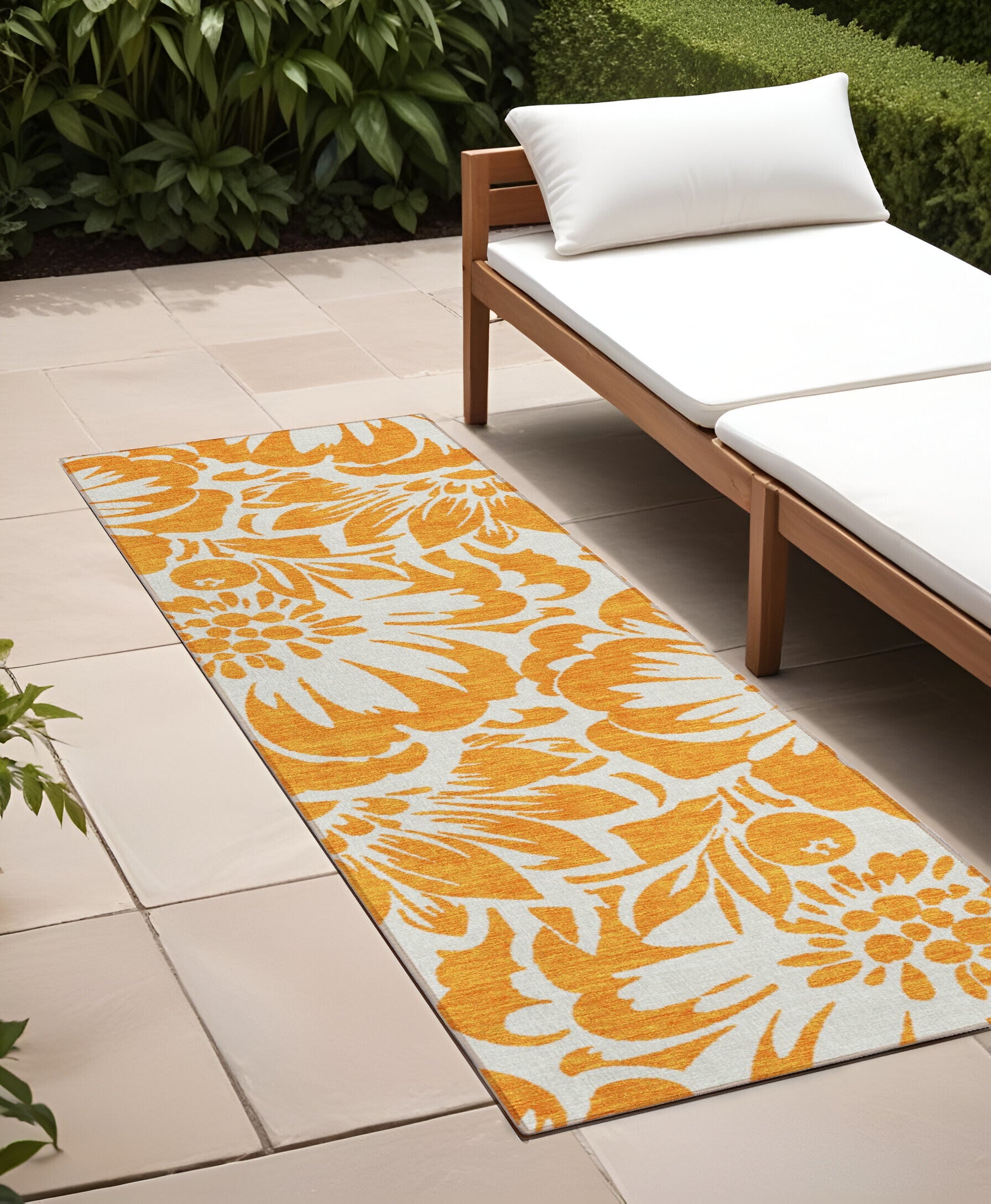 8' Runner Orange and White Floral Washable Non Skid Indoor Outdoor Runner Rug - American Smart