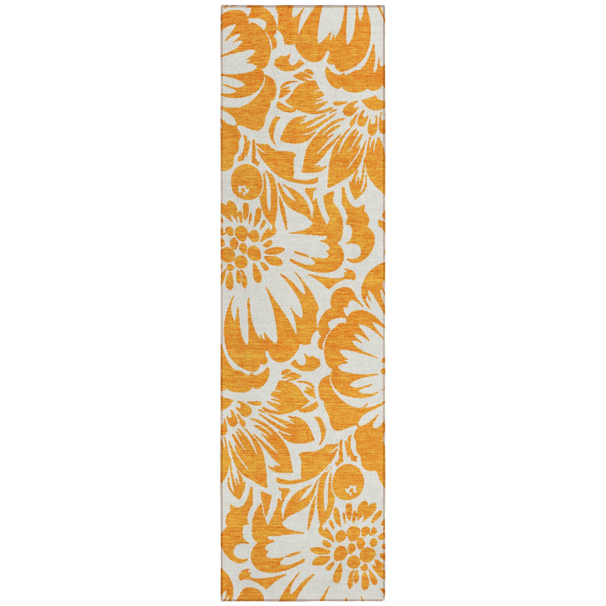 8' Runner Orange and White Floral Washable Non Skid Indoor Outdoor Runner Rug - American Smart