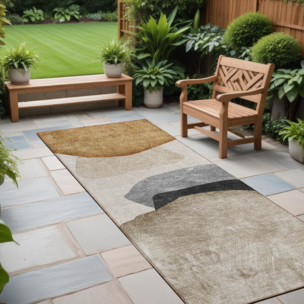 8' Runner Tan Brown and Gray Abstract Washable Non Skid Indoor Outdoor Runner Rug - American Smart