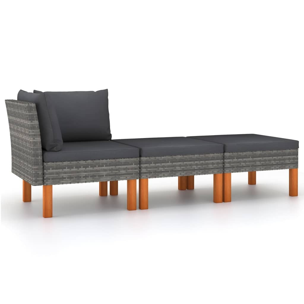 Outdoor patio lounge set with poly rattan and solid eucalyptus wood, featuring three comfortable seating pieces.