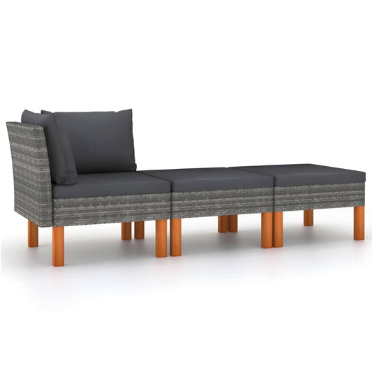 Outdoor patio lounge set with poly rattan and solid eucalyptus wood, featuring three comfortable seating pieces.