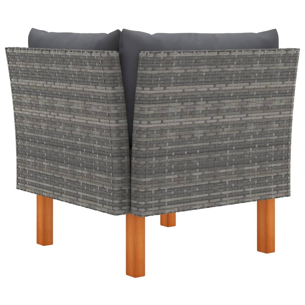 Outdoor patio lounge set with poly rattan chairs and solid eucalyptus wood table, ideal for relaxing outdoor seating.