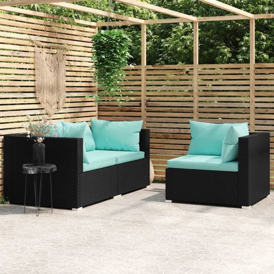 Black poly rattan 3-piece patio lounge set with cushions, outdoor seating by American Smart WB, perfect for relaxing outdoors.