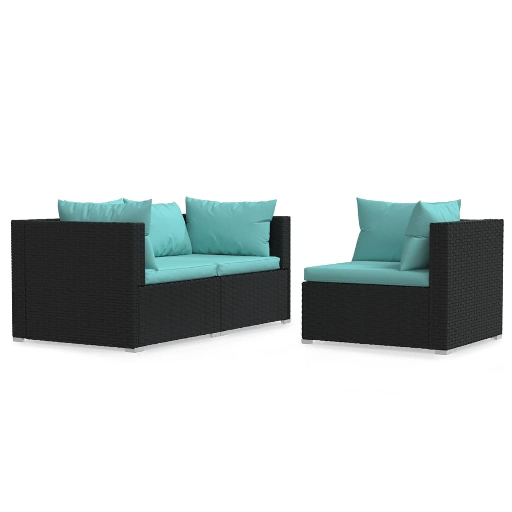 Black poly rattan outdoor patio lounge set with three seats and cushions by American Smart WB, ideal for stylish outdoor seating.
