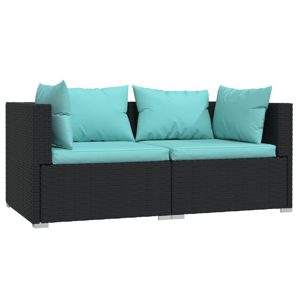 Black poly rattan outdoor patio lounge set with three cushioned seats and matching table, stylish outdoor seating by American Smart.