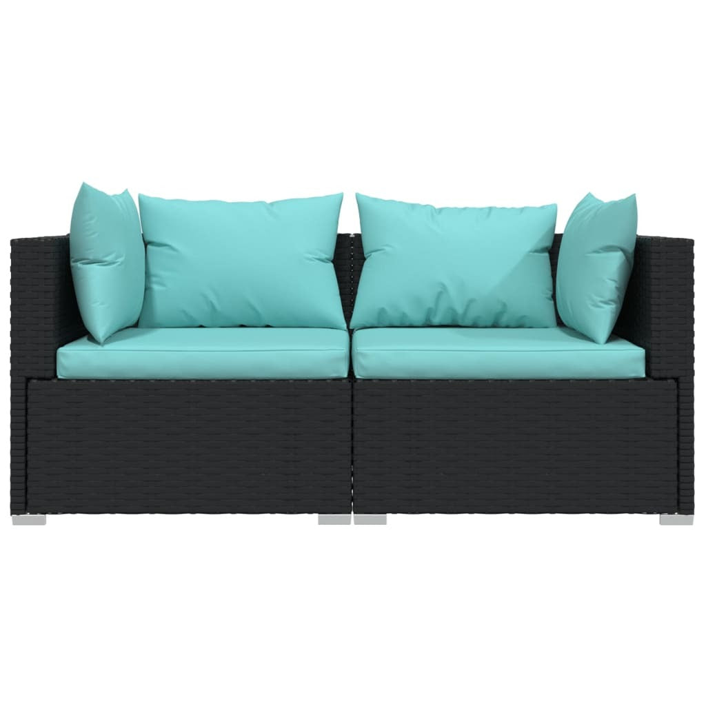 Black poly rattan outdoor patio lounge set with three cushioned seats and matching table by American Smart.