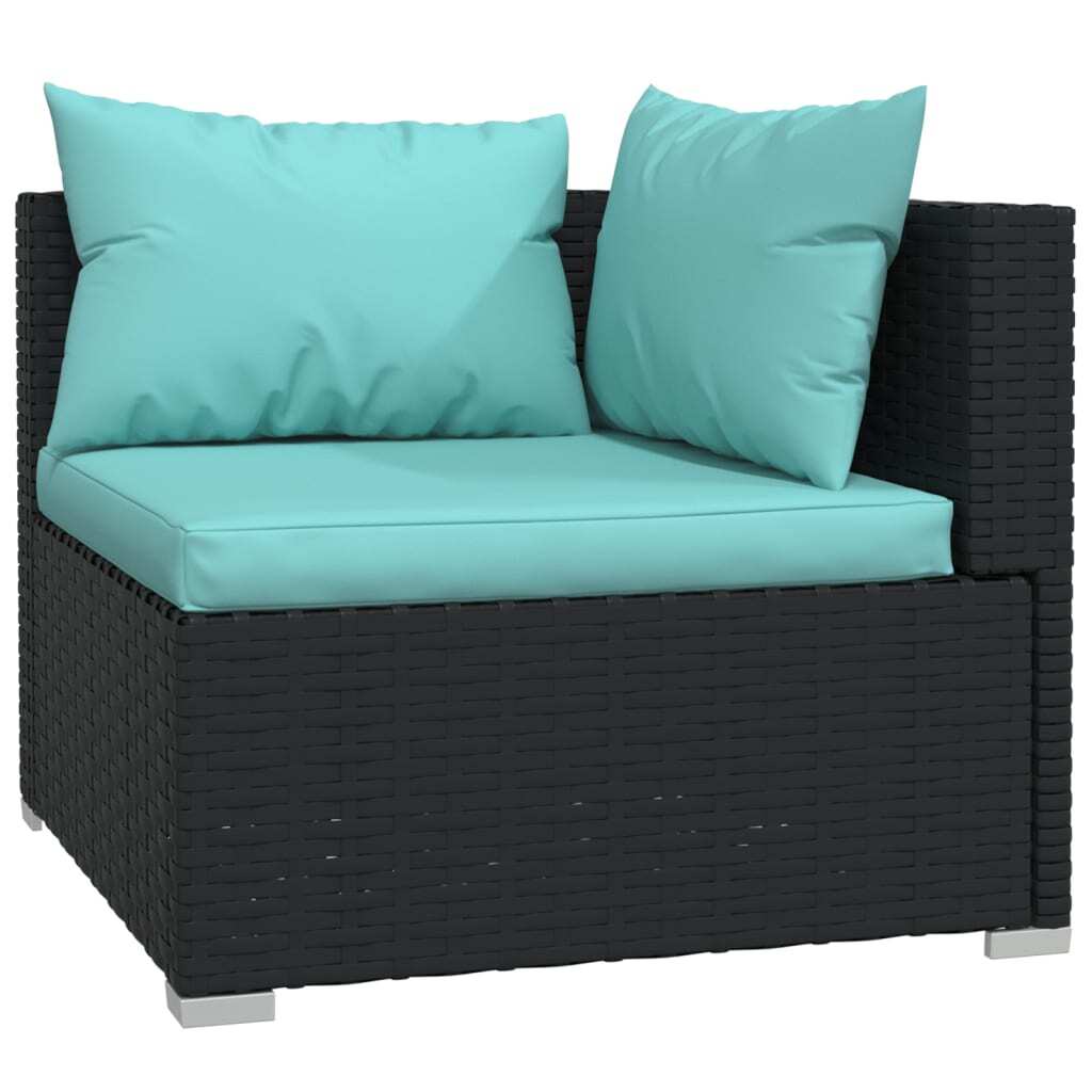 Black poly rattan outdoor patio lounge set with three seats and cushions by American Smart WB, perfect for relaxing outside.