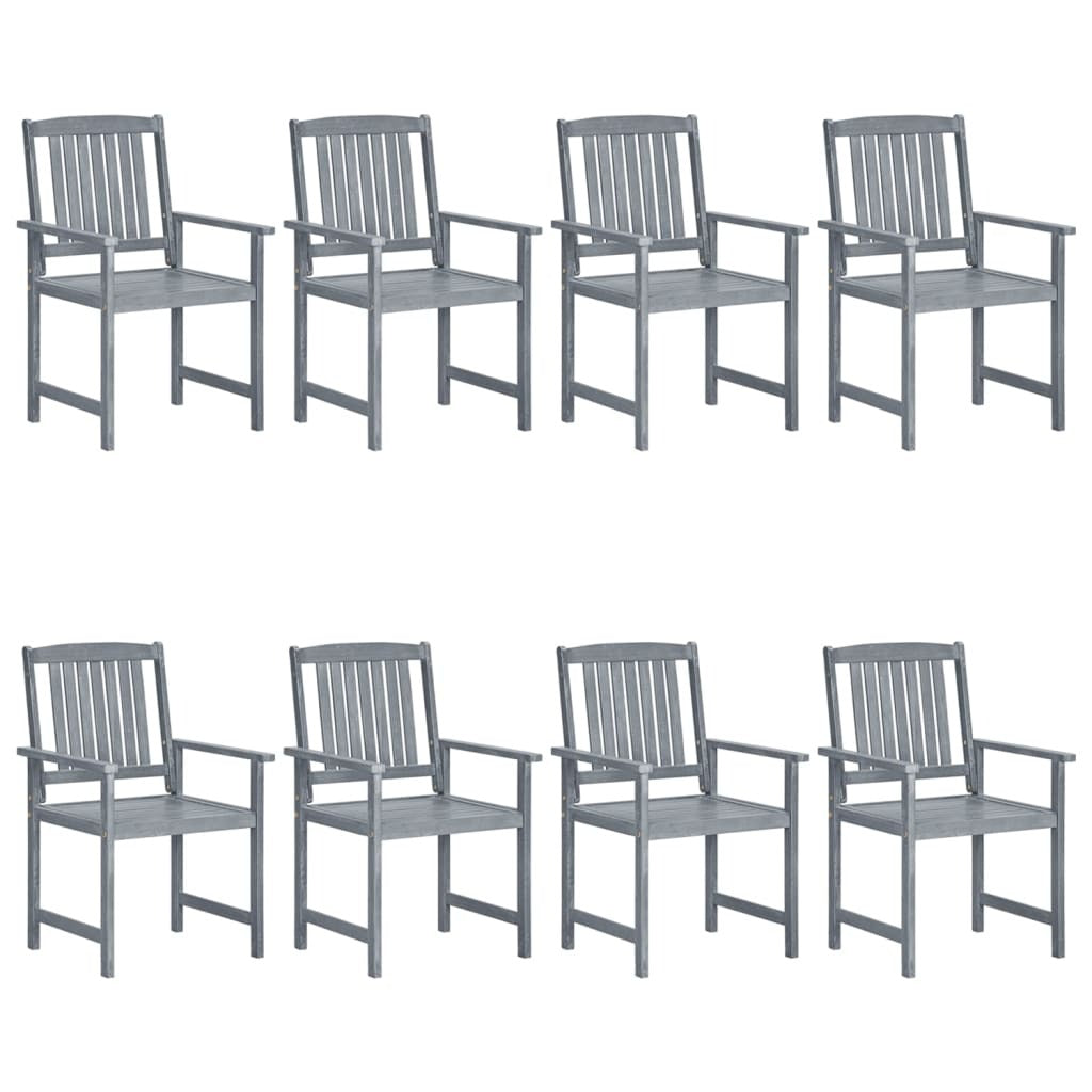 Eight solid acacia wood patio chairs in gray for outdoor seating, featuring sturdy construction and a modern design.