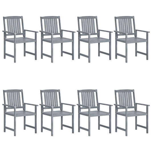 Eight solid acacia wood patio chairs in gray for outdoor seating, featuring sturdy construction and a modern design.