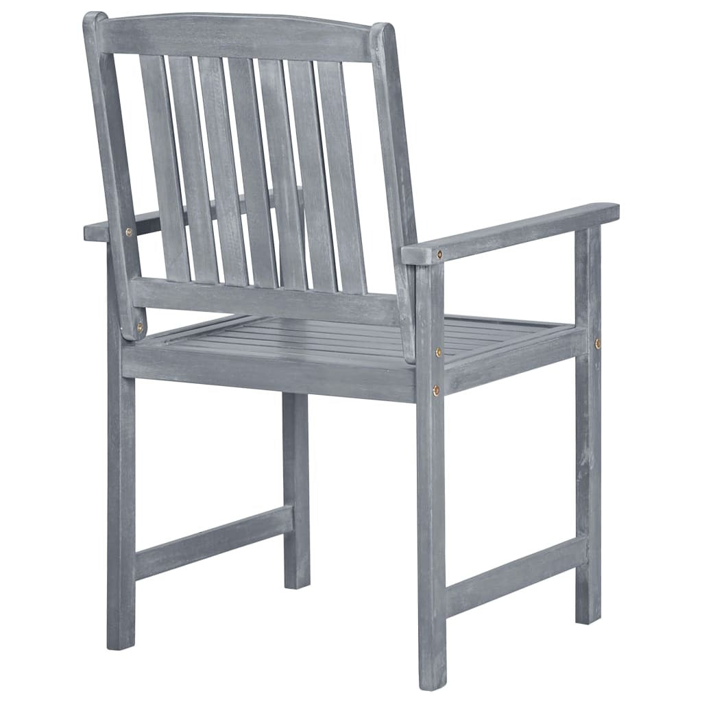 Set of 8 gray outdoor patio chairs made of solid acacia wood, designed for comfortable outdoor seating.