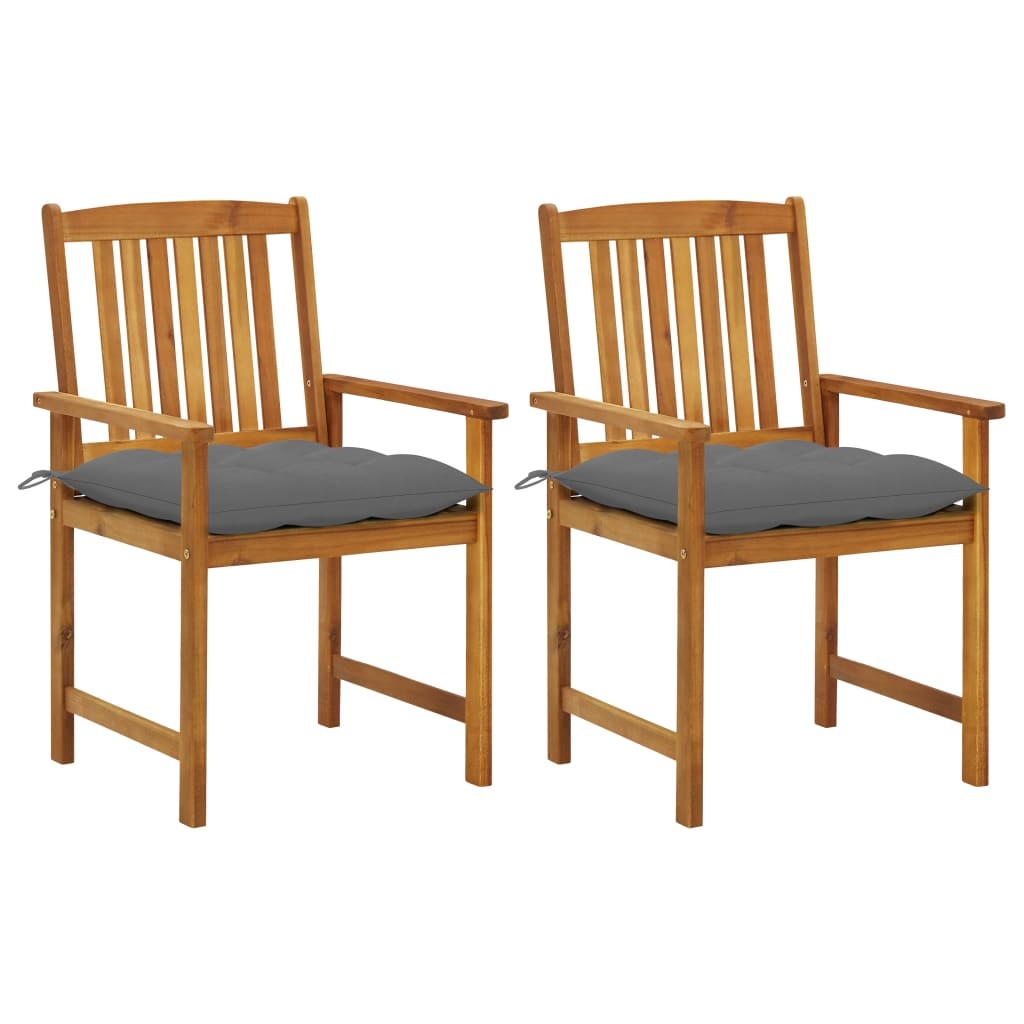 Pair of outdoor patio chairs with cushions made of solid acacia wood by American Smart, designed for comfortable outdoor seating.