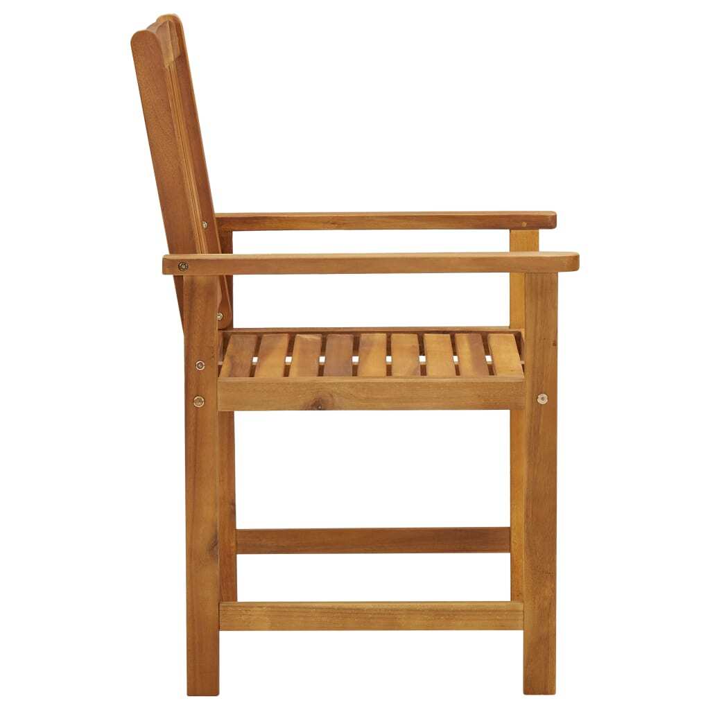 Two solid acacia wood patio chairs with cushions, outdoor seating by American Smart WB, shown with cushions on a patio.