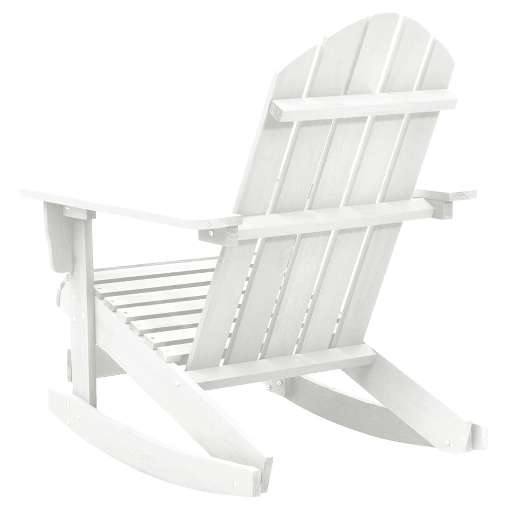White wooden American Smart outdoor rocking chair, patio seating with curved armrests and slatted back for outdoor relaxation.