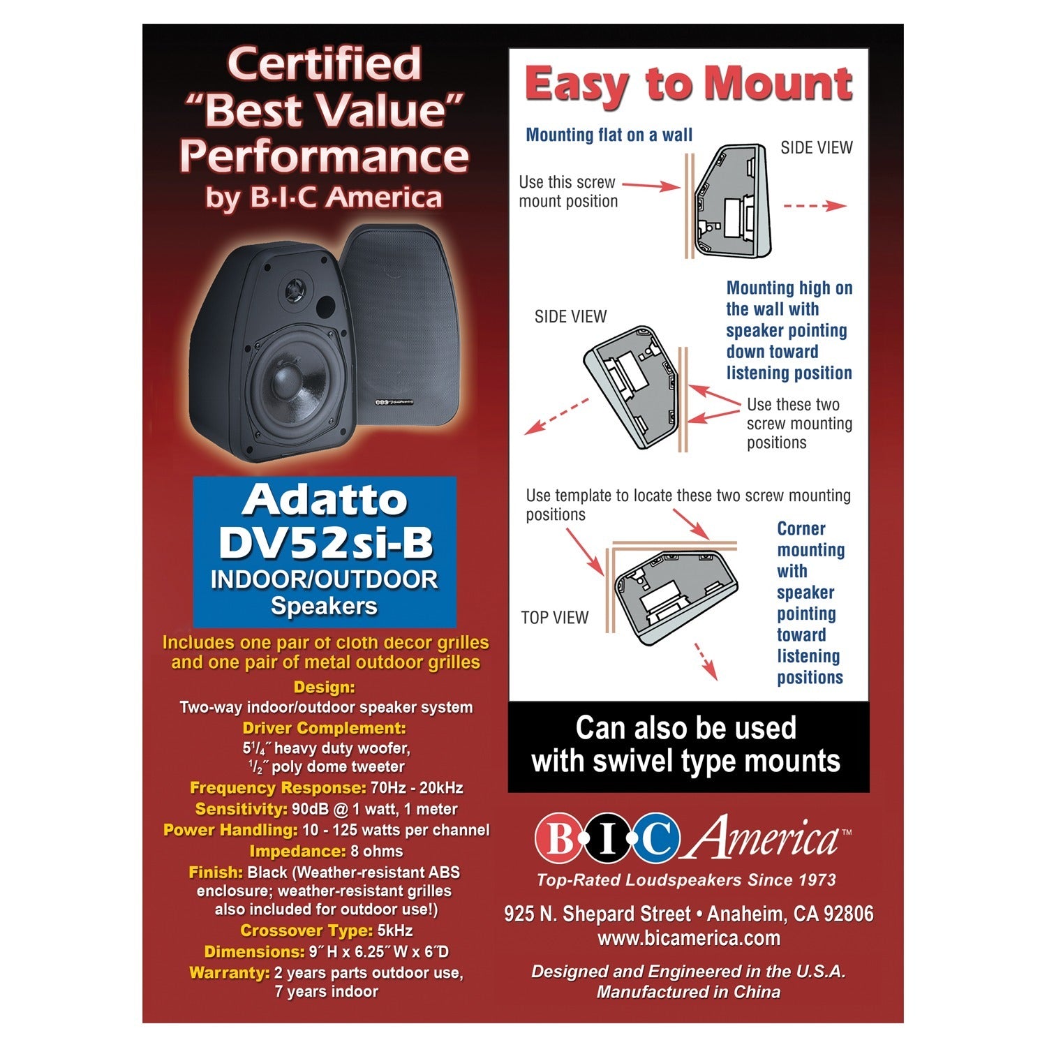 BIC America ADATTO DV52SI 5.25-inch weather-resistant bookshelf outdoor speakers in black, designed for indoor and outdoor use.
