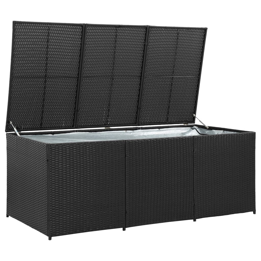 Black outdoor patio storage box by American Smart - WB, poly rattan, 70.9x35.4x27.6 inches, weather-resistant garden storage.