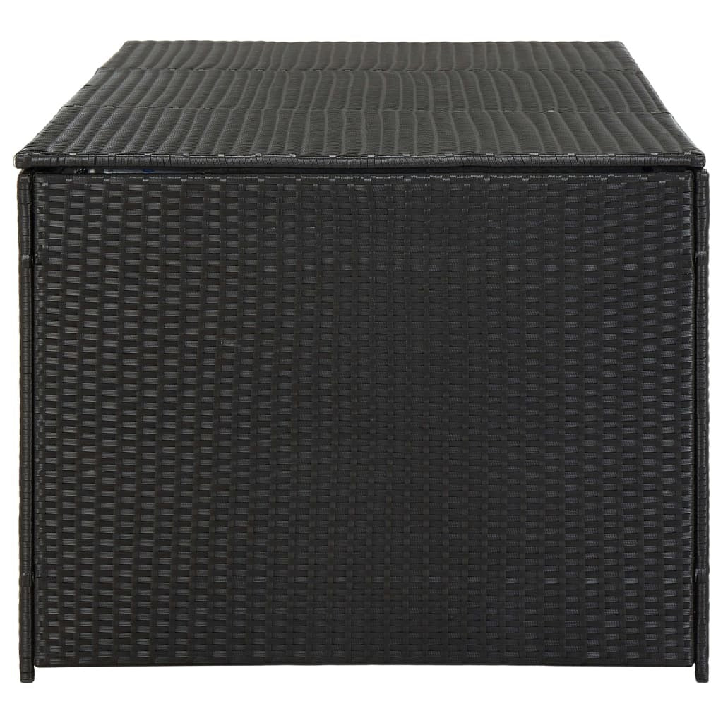Black outdoor storage box by American Smart, made of poly rattan, measures 70.9"x35.4"x27.6" for patio organization.