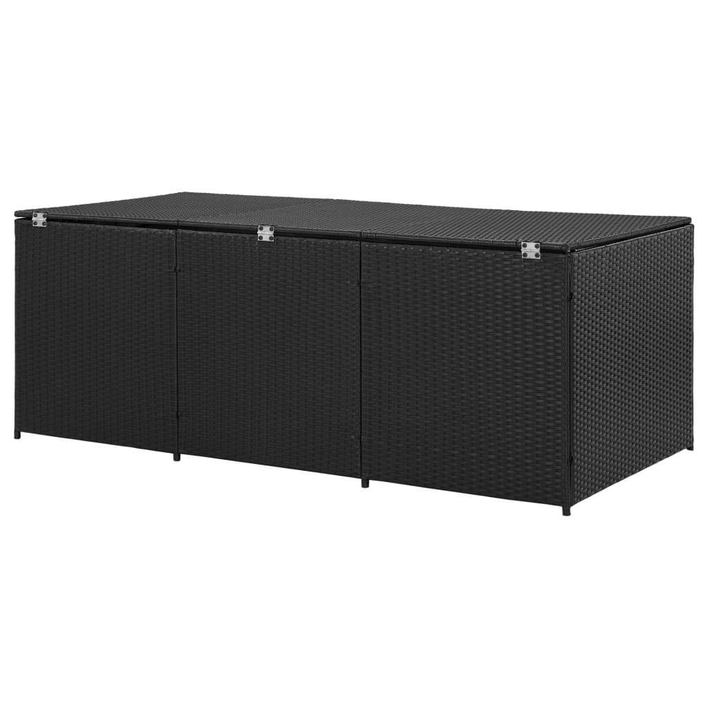 Black outdoor patio storage box by American Smart WB, poly rattan, 70.9"x35.4"x27.6" for garden organization and storage.