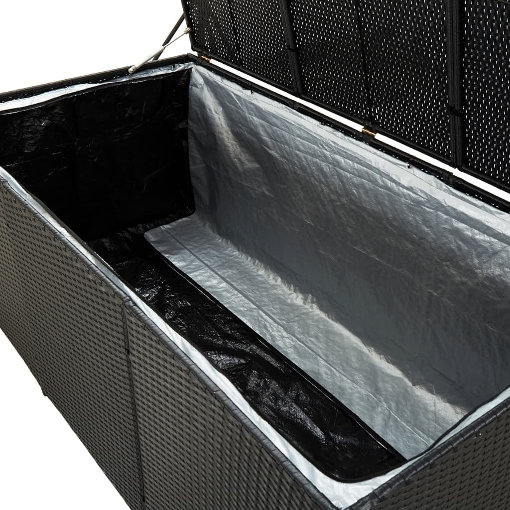 Black outdoor patio storage box made of poly rattan, 70.9x35.4x27.6 inches, by American Smart WB for outdoor organization.