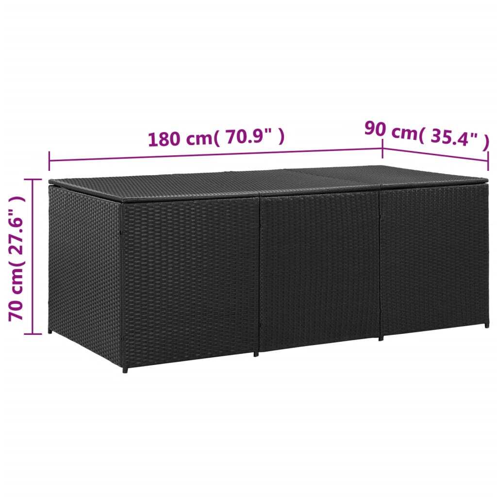 Black poly rattan outdoor storage box, American Smart WB patio storage box measuring 70.9"x35.4"x27.6" with a sleek design.