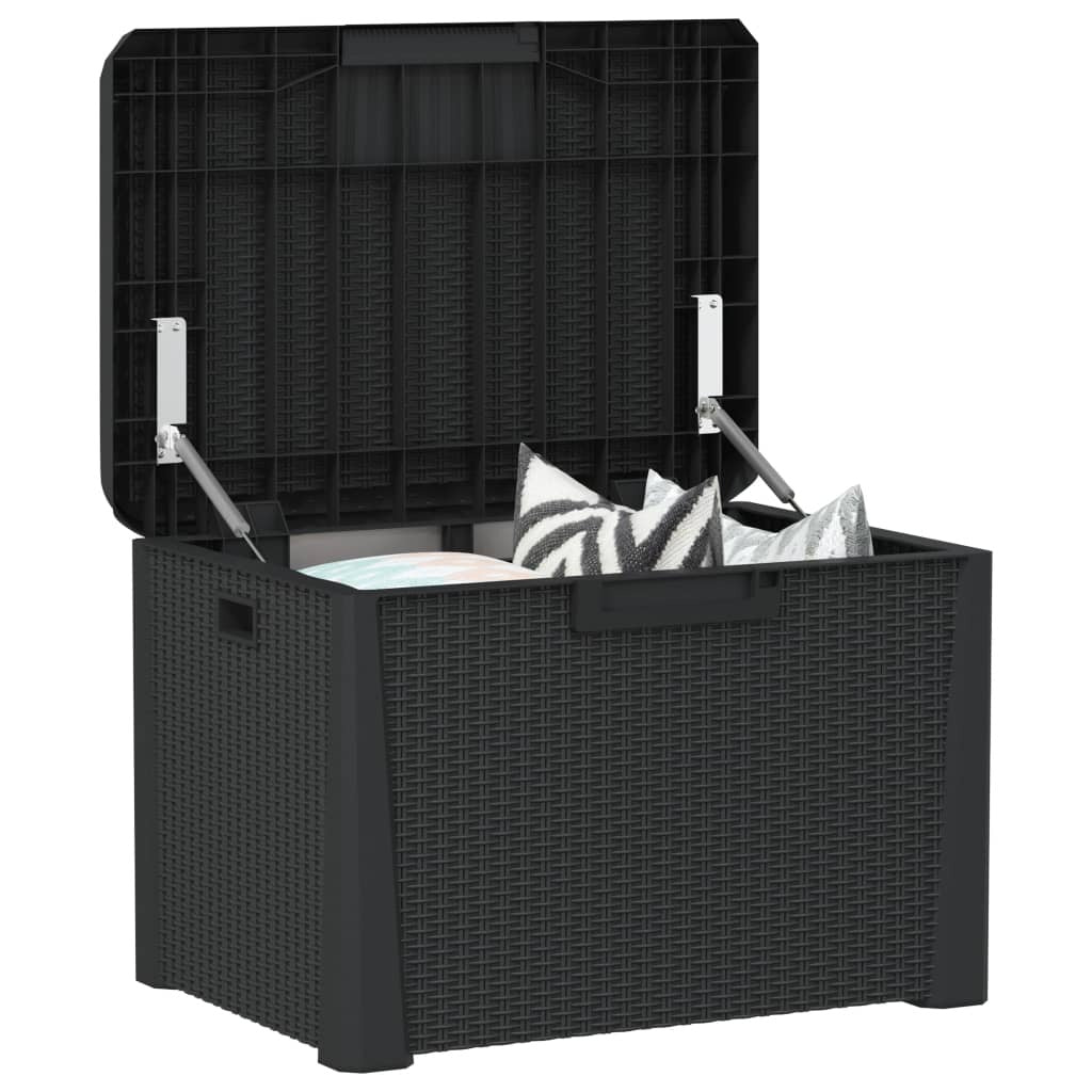 American Smart outdoor patio storage box with seat cushion in anthracite, 33 gallons, made of durable polypropylene.