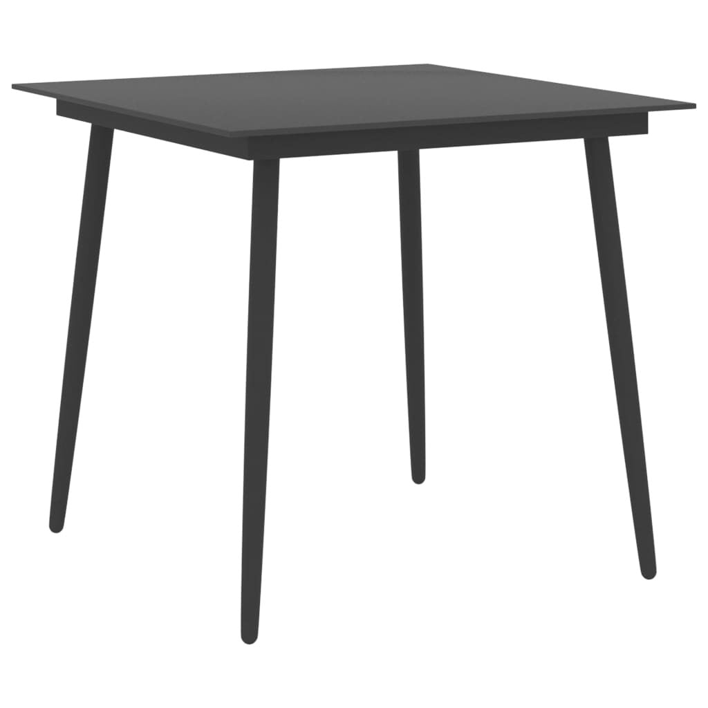 Black outdoor patio dining table with steel frame and glass top, measuring 31.5x31.5x29.1 inches, by American Smart WB.
