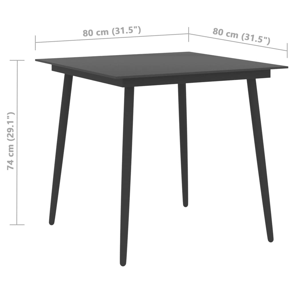Black patio dining table with steel frame and glass top, 31.5"x31.5"x29.1", outdoor table by American Smart WB.