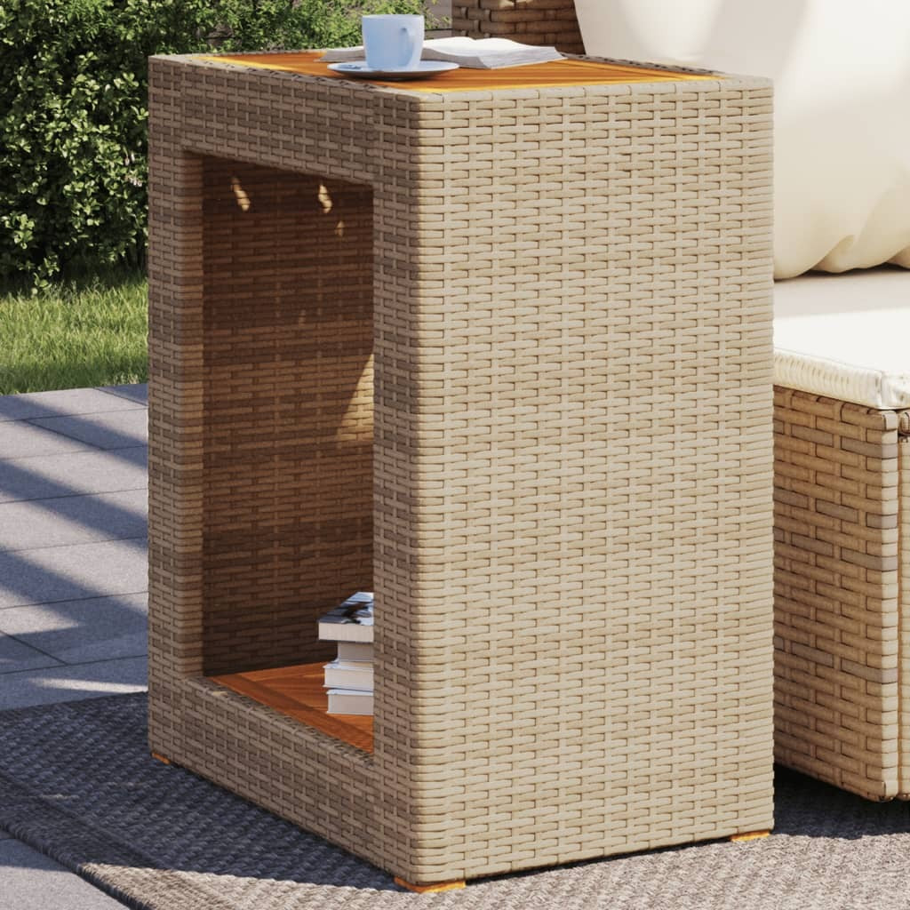 Beige outdoor patio side table with wooden top, 23.6"x15.7"x29.5", made of poly rattan by American Smart - WB