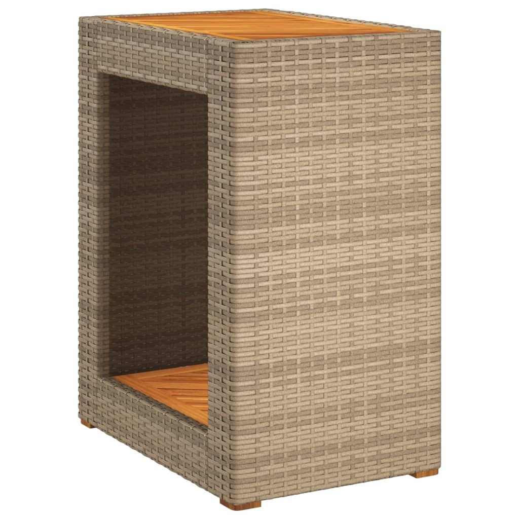 Outdoor patio side table with wooden top, beige poly rattan frame, measuring 23.6"x15.7"x29.5", by American Smart WB