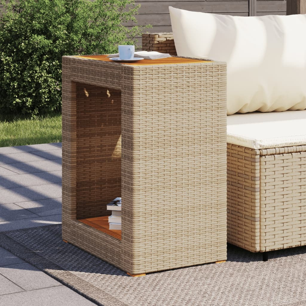 Beige outdoor patio side table with wooden top, Poly Rattan frame, measuring 23.6"x15.7"x29.5", by American Smart - WB.