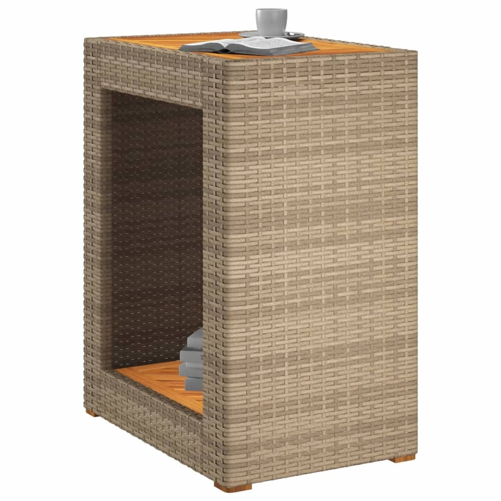 American Smart outdoor patio side table with beige poly rattan frame and wooden top, 23.6"x15.7"x29.5" for outdoor use.