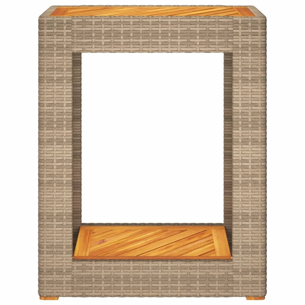 American Smart outdoor patio side table with wooden top, beige poly rattan, measuring 23.6x15.7x29.5 inches.