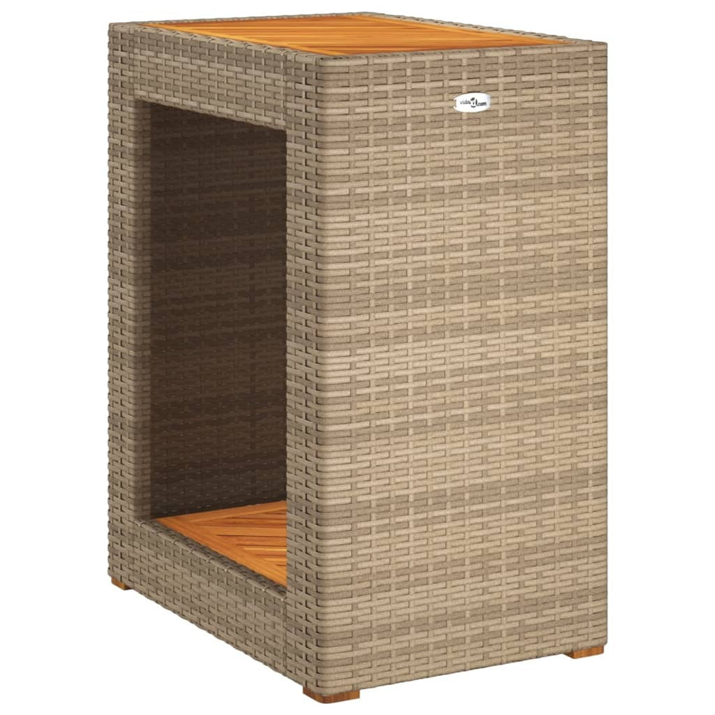 Outdoor patio side table with wooden top, beige poly rattan frame, 23.6"x15.7"x29.5" American Smart WB outdoor table.