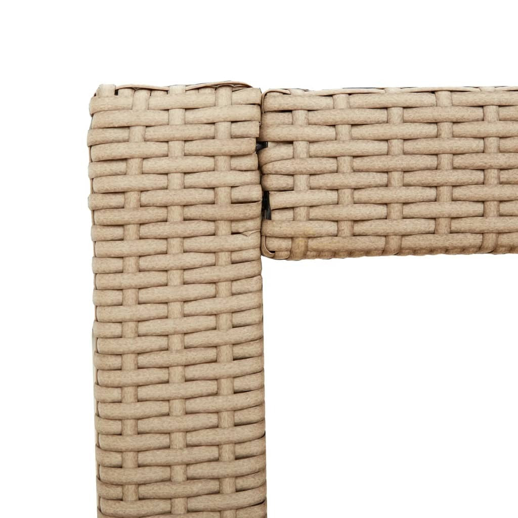 Beige outdoor patio side table with wooden top, measuring 23.6"x15.7"x29.5", made of poly rattan by American Smart WB.