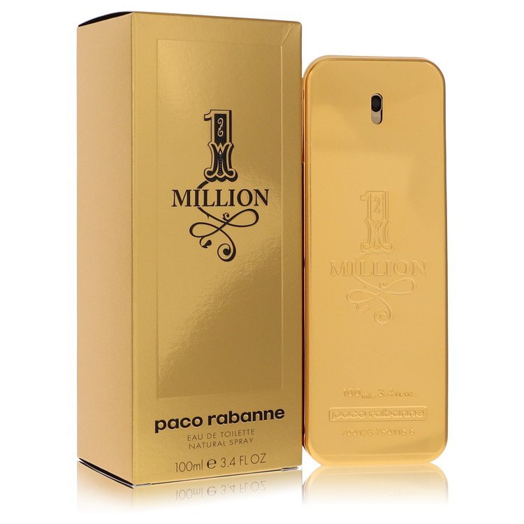 Paco Rabanne 1 Million men's Eau De Toilette spray 3.4 oz with gold bar-shaped bottle and sleek design.