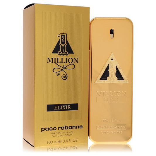 Paco Rabanne 1 Million Elixir Eau De Parfum Intense spray for men, 3.4 oz bottle, with gold accents and sleek design.