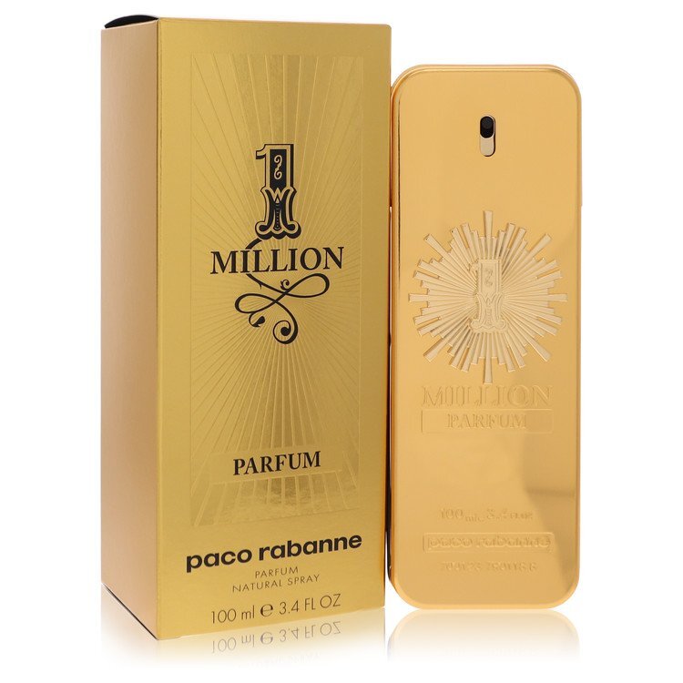 Paco Rabanne 1 Million men's parfum spray bottle, 3.4 oz, with gold accents and sleek design, displayed on a neutral background.