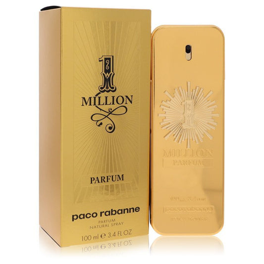 Paco Rabanne 1 Million men's parfum spray bottle, 3.4 oz, with gold accents and sleek design, displayed on a neutral background.
