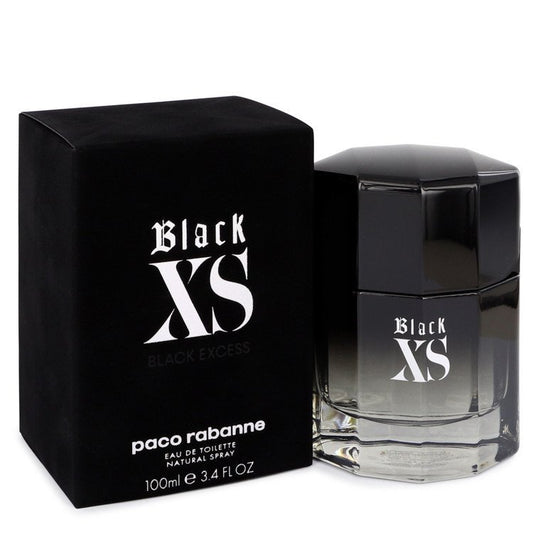 Black XS Paco Rabanne Eau De Toilette spray for men, 3.4 oz, featuring new packaging with the classic black bottle and silver cap.