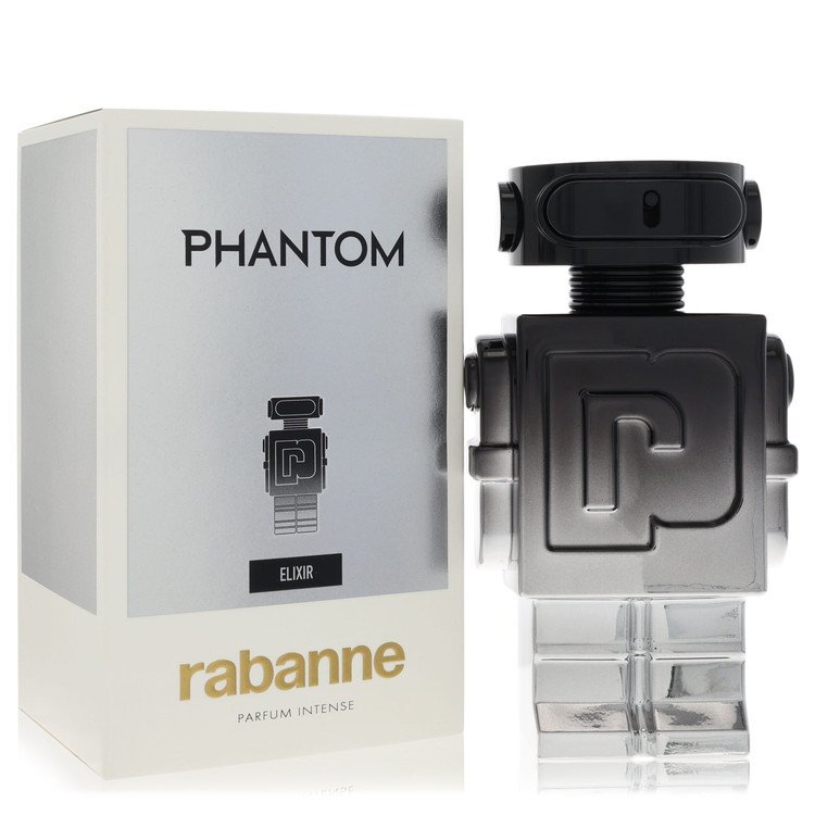 Paco Rabanne Phantom Elixir parfum spray for men, 3.4 oz, featuring sleek bottle design and modern branding.