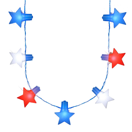 Red, white, and blue LED string lights necklace with jumbo star designs, ideal for party decorations and patriotic celebrations.