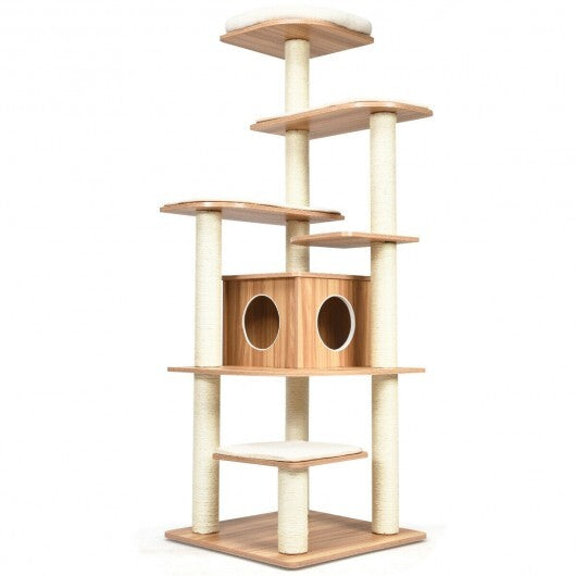 Natural 7-layer wooden cat tree with sisal posts, cozy condo, and multiple levels for cats, by American Smart WB in natural finish.