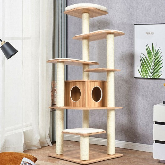 Natural 7-layer wooden cat tree with sisal posts, cozy condos, and tall climbing platforms for cats by American Smart.