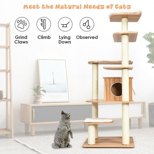 Tall 7-layer wooden cat tree with sisal posts, condo, and natural finish, designed for cats to climb, scratch, and rest.