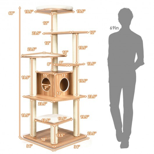 Natural 7-layer wooden cat tree by American Smart featuring sisal posts, cozy condo, and multiple levels for cats to climb and rest.