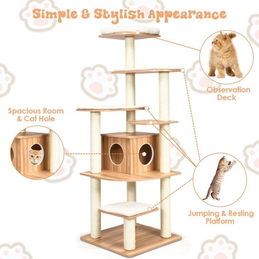 Natural 7-layer wooden cat tree by American Smart with sisal posts, condo, and multiple platforms for cats to climb and relax.